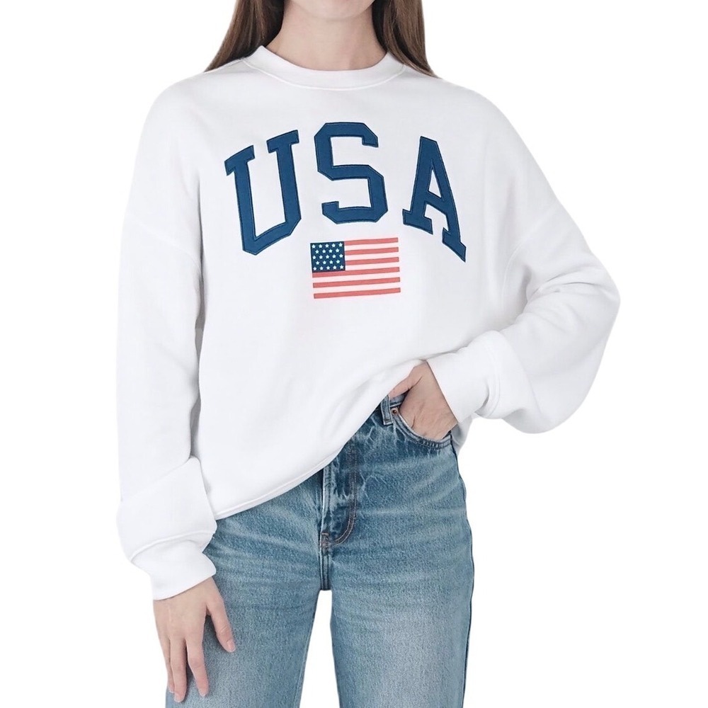 Mighty Fine USA Flag Sweatshirt Pullover Crewneck‎ White Fleece Women XXL New